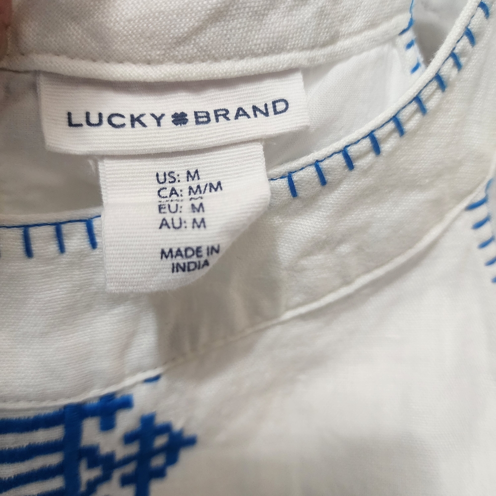 Lucky Brand 100% Linen Halter Dress Size M Embroidered White And Blue - Picture 14 of 16